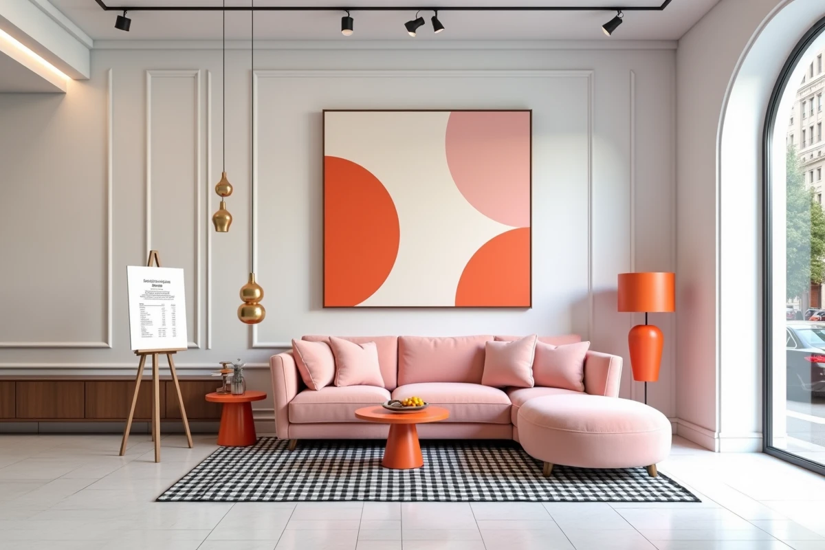 Showroom de mobilier pop design avec canapé rose arrondi, table orange et devis de relooking affiché