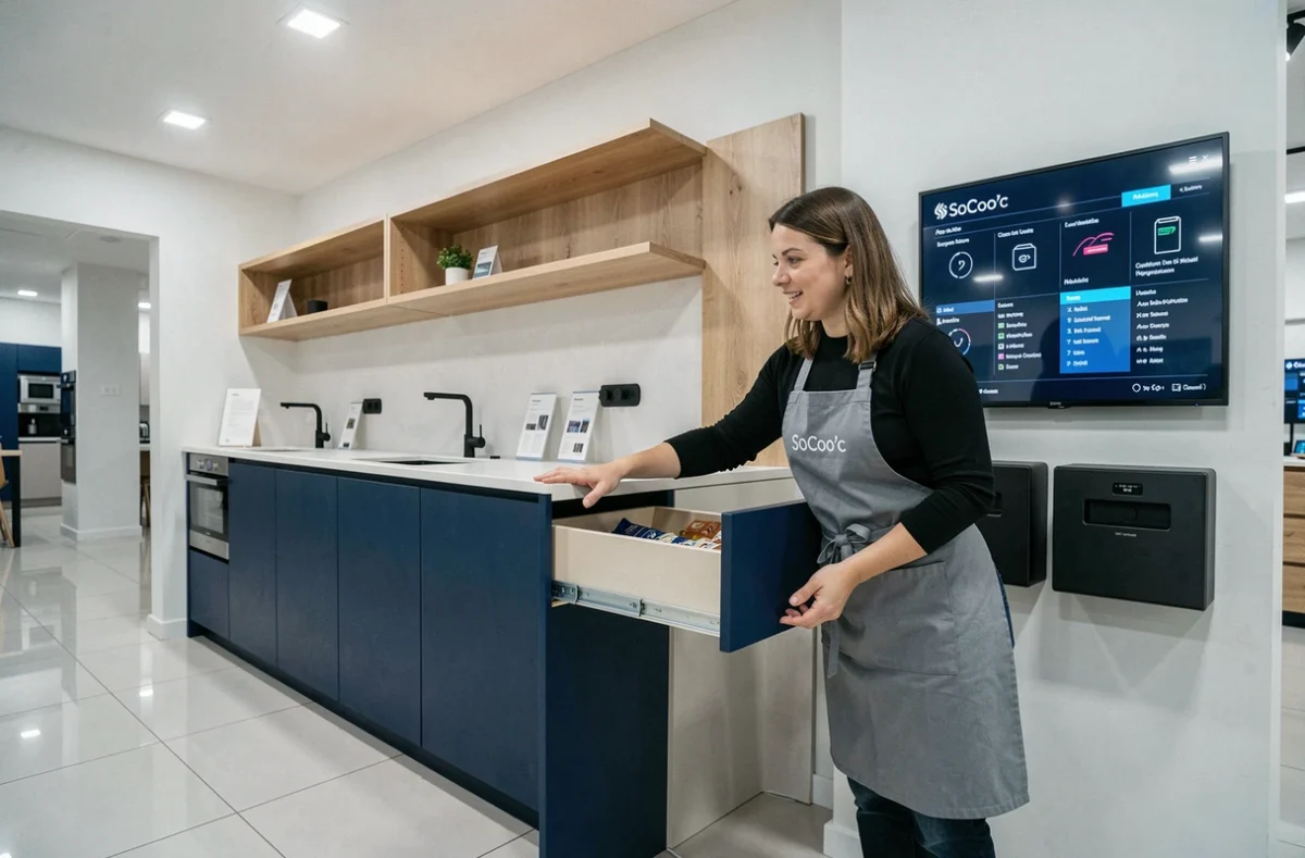 Cuisiniste SoCoo'c à Albi avec une cuisine bleu marine et chêne naturel présentée par une conseillère en magasin
