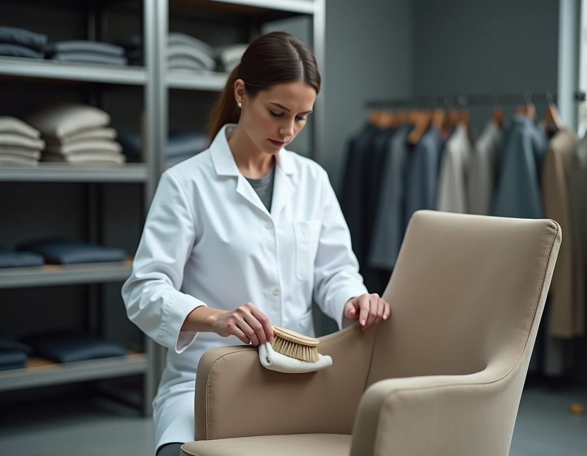Spécialiste pressing traitant une tache sur fauteuil en daim taupe dans un atelier de nettoyage professionnel