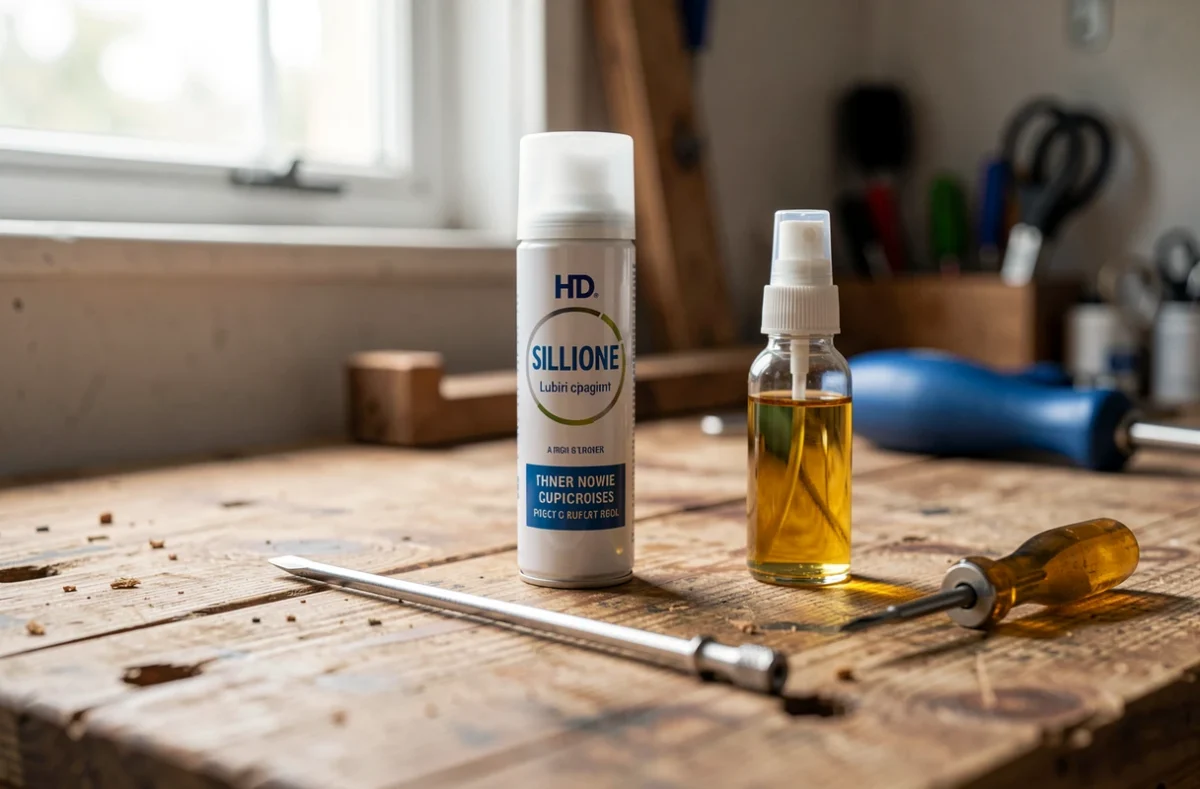 Spray silicone et huile fine posés sur un établi de bricolage