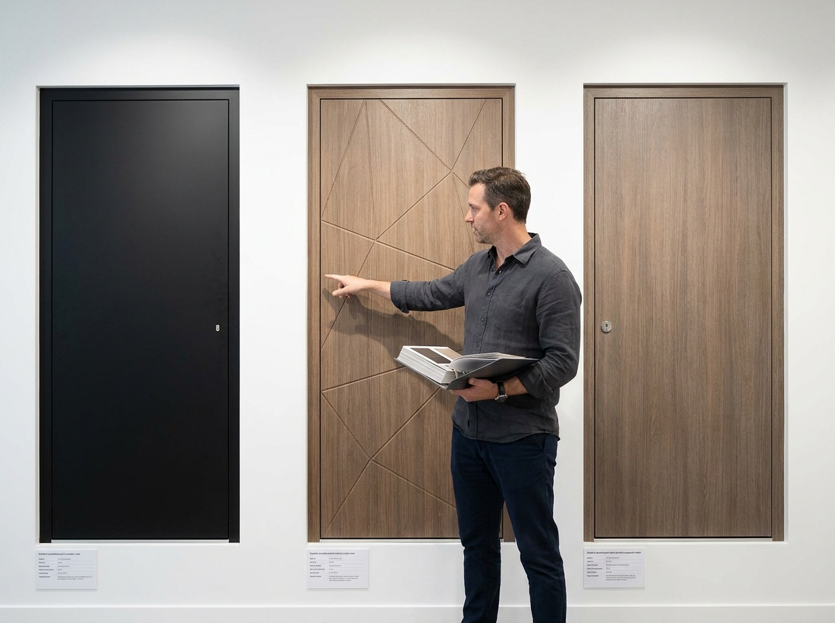 Designer présentant trois modèles de portes d'entrée contemporaines dans un showroom, illustrant les choix de style et de design