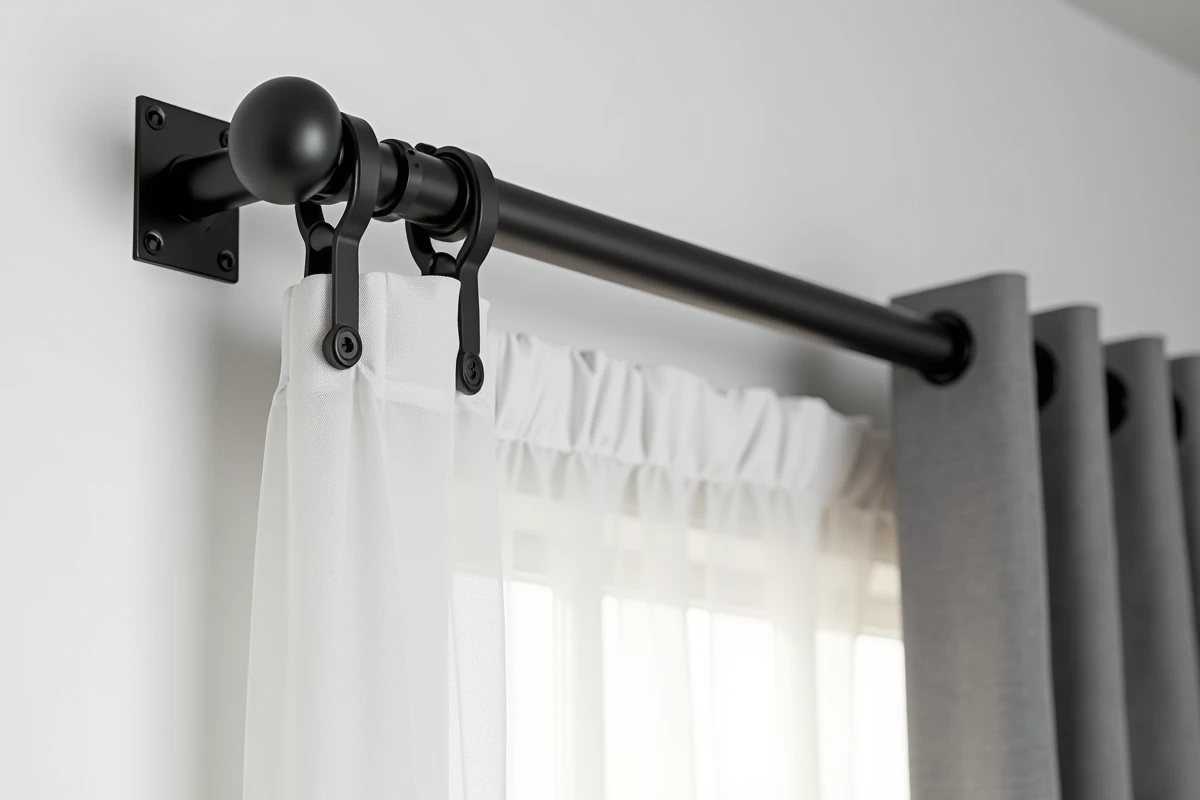 Détail d'un support de tringle à rideau double en noir mat avec voilage et rideau thermique isolant