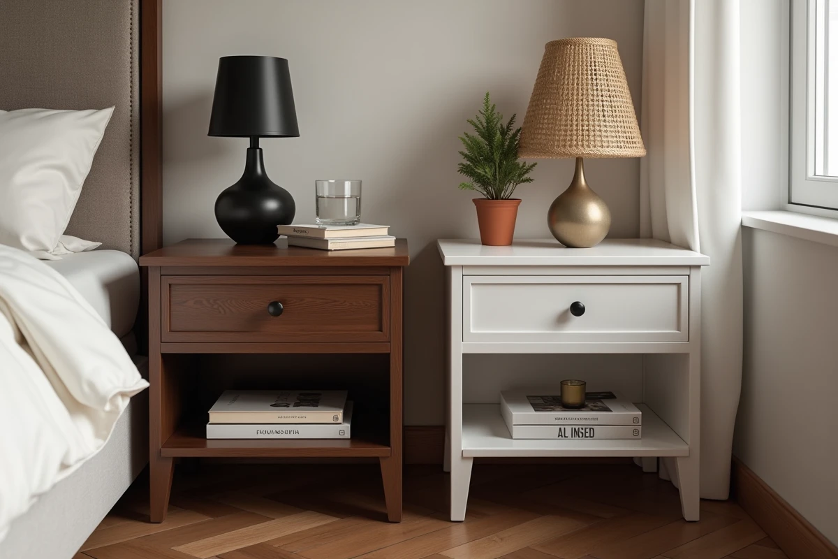 Gros plan sur deux tables de chevet asymétriques dans une chambre parentale, illustrant la cohabitation harmonieuse de deux styles décoratifs différents