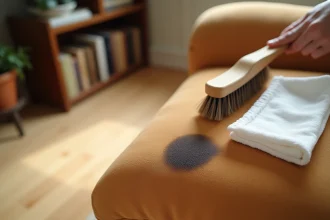 Tache sur un canapé en daim caramel avec une brosse de pressing et un chiffon blanc pour nettoyage