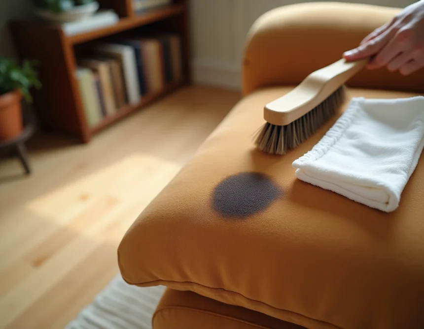 Tache sur un canapé en daim caramel avec une brosse de pressing et un chiffon blanc pour nettoyage