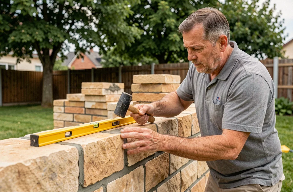 Maçon de Tageo SARL posant des blocs de grès alsacien pour un mur de soutènement dans un jardin résidentiel du Grand Est