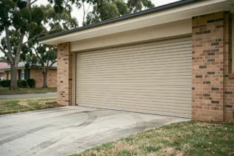 Façade de maison avec une large porte de garage double en acier beige sur une allée en béton dans un quartier résidentiel