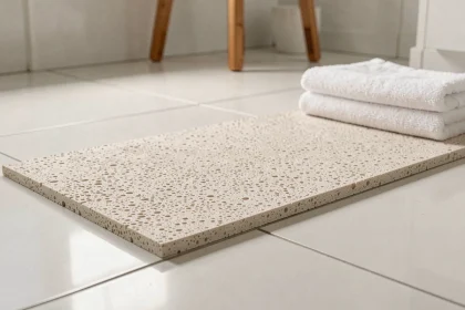 Tapis en diatomite posé sur carrelage blanc dans salle de bain minimaliste, texture poreuse visible en détail