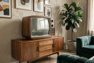Télévision vintage en bois des années 60 posée sur un buffet scandinave dans un salon contemporain décoré avec des plantes et des œuvres d'art