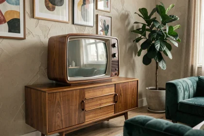 Télévision vintage en bois des années 60 posée sur un buffet scandinave dans un salon contemporain décoré avec des plantes et des œuvres d'art
