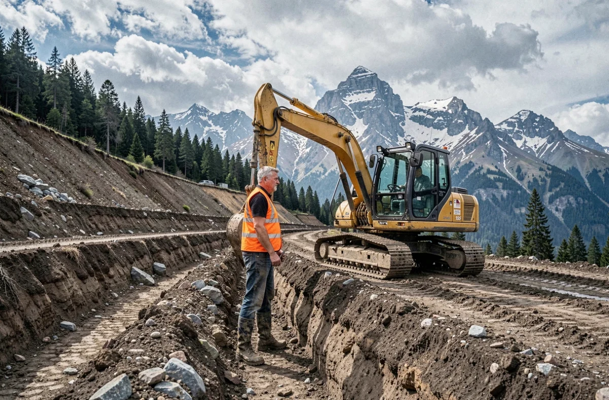 Chantier de terrassement et fondations en cours dans les Hautes-Alpes avec excavatrice