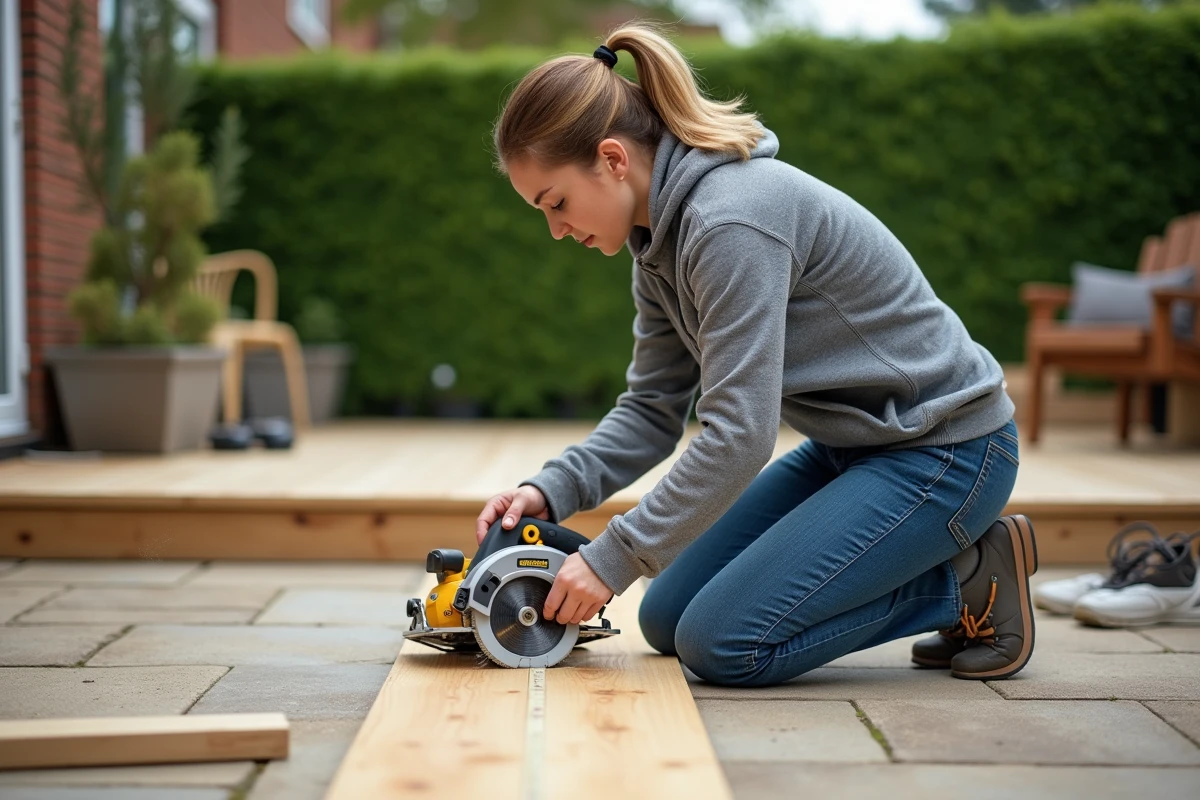 Femme testant une scie circulaire Erbauer en extérieur lors d'un chantier de terrasse en bois