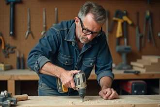 Artisan utilisant une perceuse sans fil Erbauer dans un atelier professionnel lors d'un test longue durée