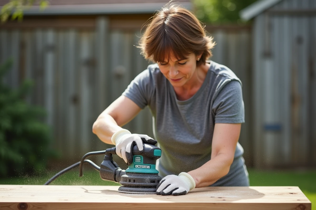 Femme utilisant une ponceuse orbitale Parkside Lidl sur une planche en bois dans un jardin