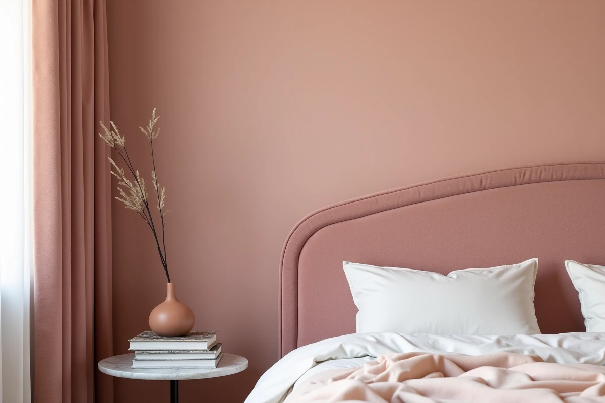 Gros plan sur une tête de lit en velours rose et un mur peint vieux rose mat dans une chambre adulte contemporaine