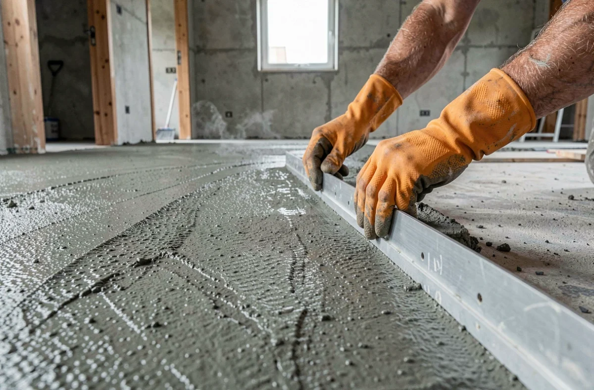 Tirage d'une chape ciment au niveau avec une règle en aluminium sur un sol en construction