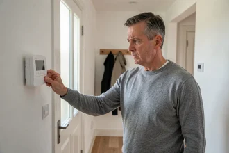 Homme examinant un panneau de contrôle d'alarme Homiris installé dans l'entrée de sa maison
