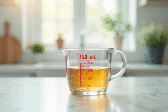 Verre mesureur rempli à 150 ml dans une cuisine lumineuse