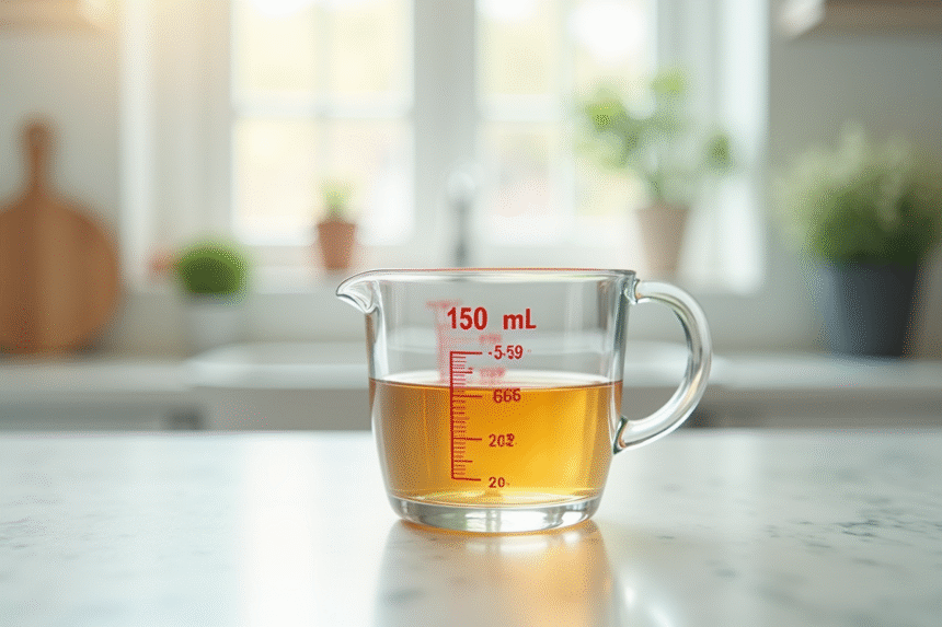 Verre mesureur rempli à 150 ml dans une cuisine lumineuse