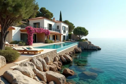 Villa méditerranéenne en bord de mer avec piscine à débordement, murs blancs et toits en tuiles rouges dominant la mer turquoise